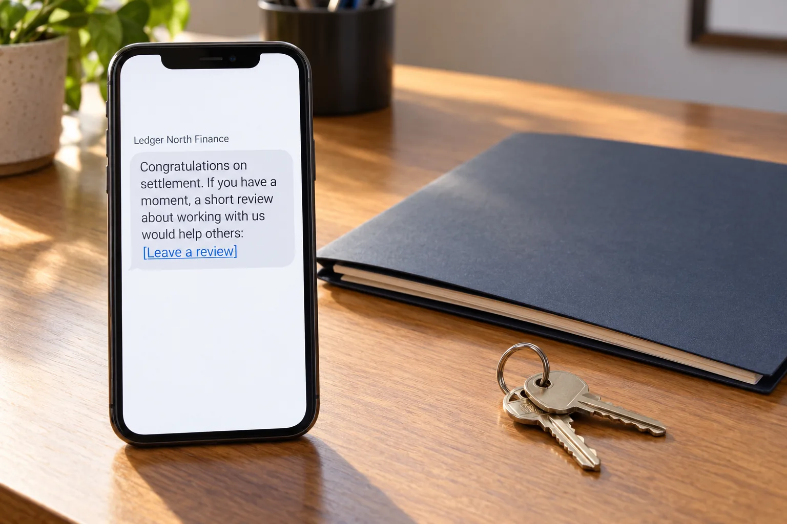 A phone beside house keys showing a Ledger North Finance review request message concept