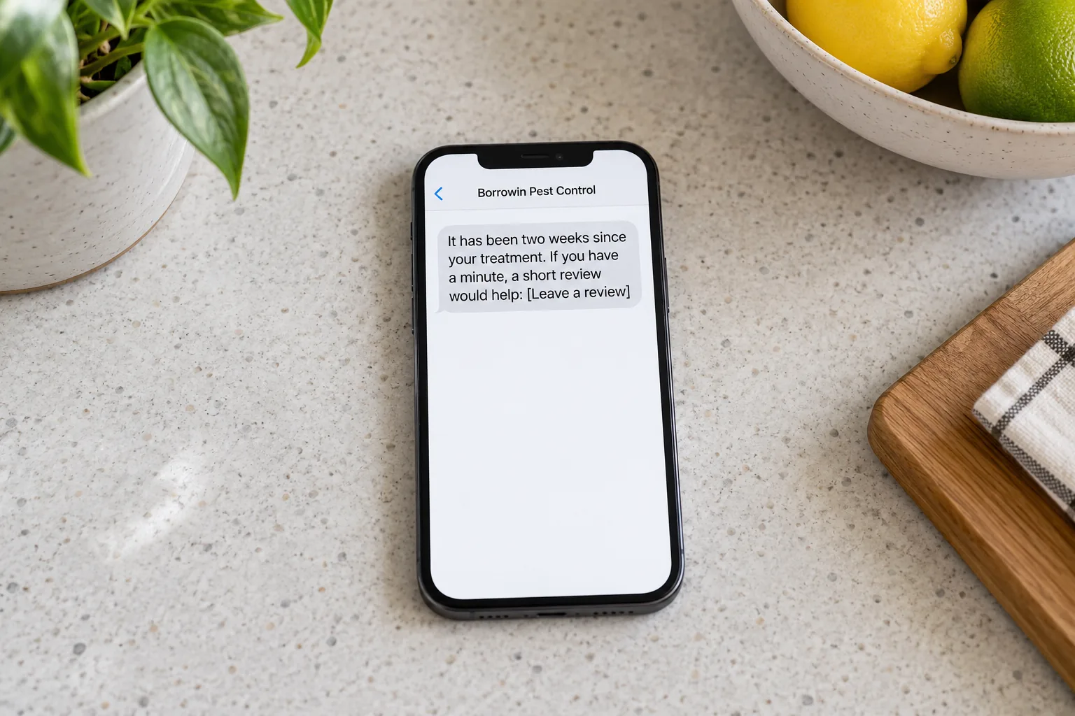 A phone on a kitchen bench showing a Borrowin Pest Control review request message concept