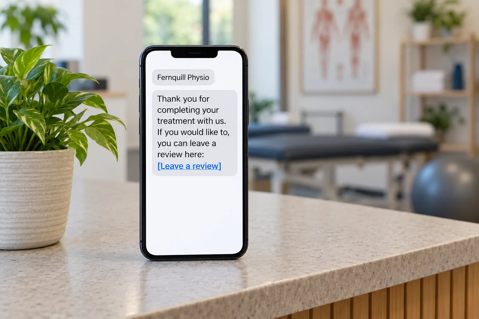 A phone on a clinic counter showing a Fernquill Physio review request message concept