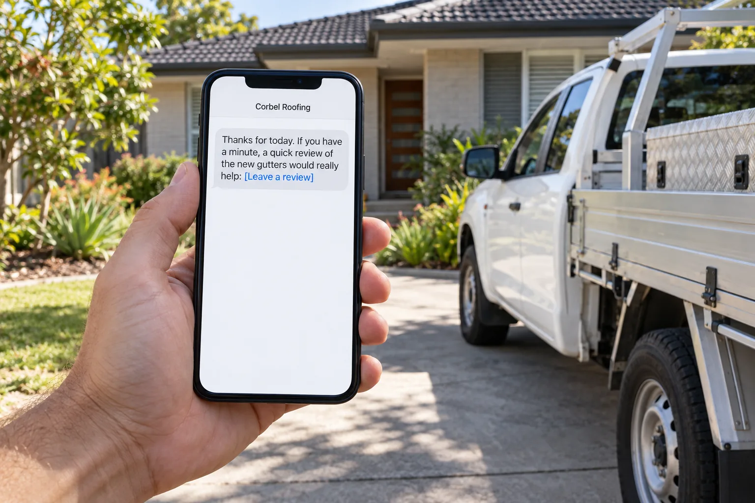 A phone beside a work ute showing a Corbel Roofing review request message concept