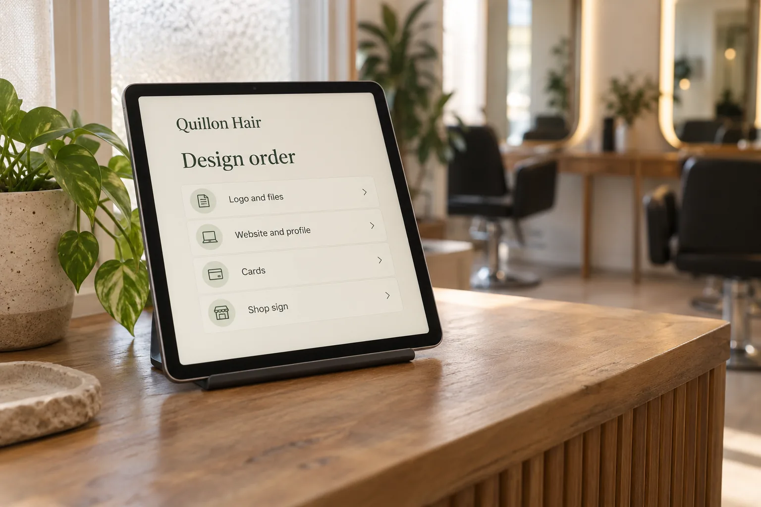A tablet on a salon counter showing a Quillon Hair design order list concept