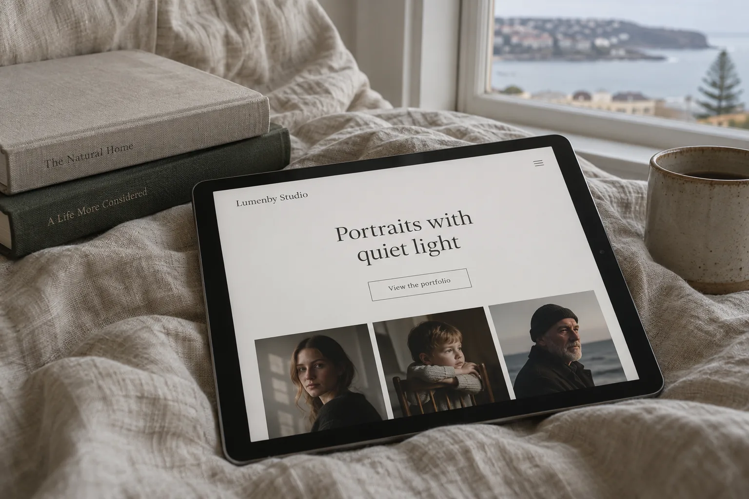 A photography studio website concept showing typography and a restrained colour palette