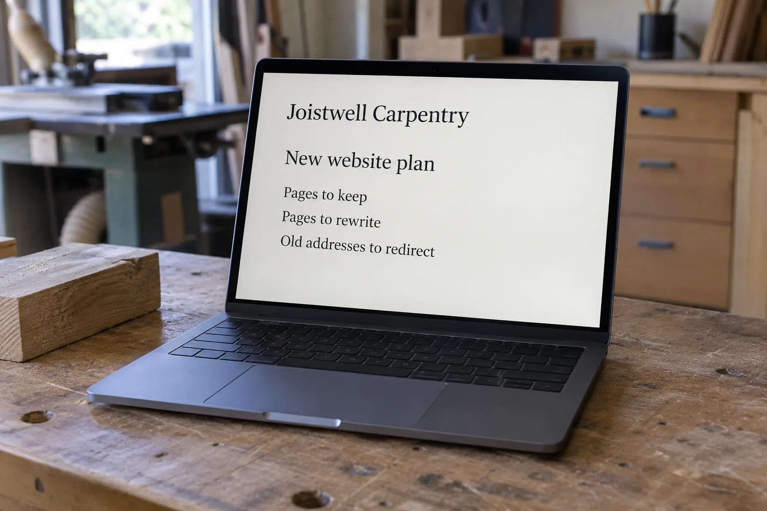 A laptop on a joinery workshop bench showing a Joistwell Carpentry new website plan concept
