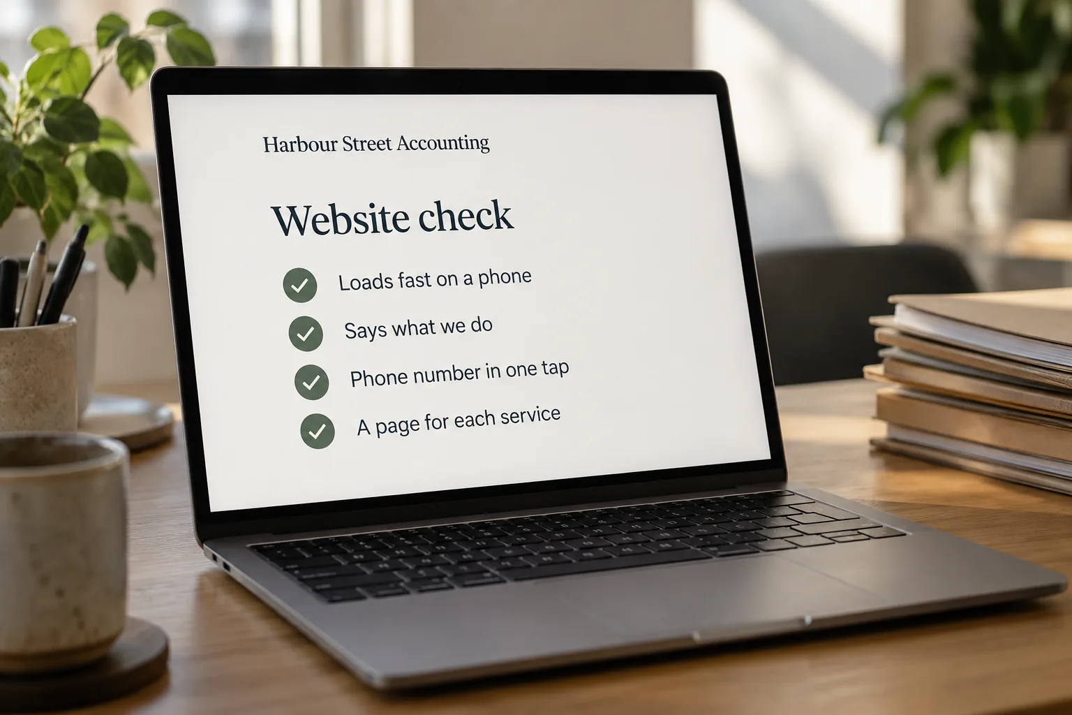 A laptop on an accounting office desk showing a Harbour Street Accounting website checklist concept