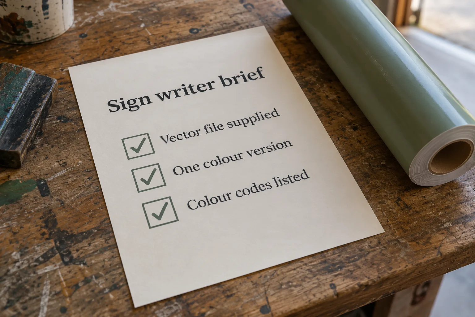 A printed sign writer brief listing vector file, one colour version and colour codes, a concept document