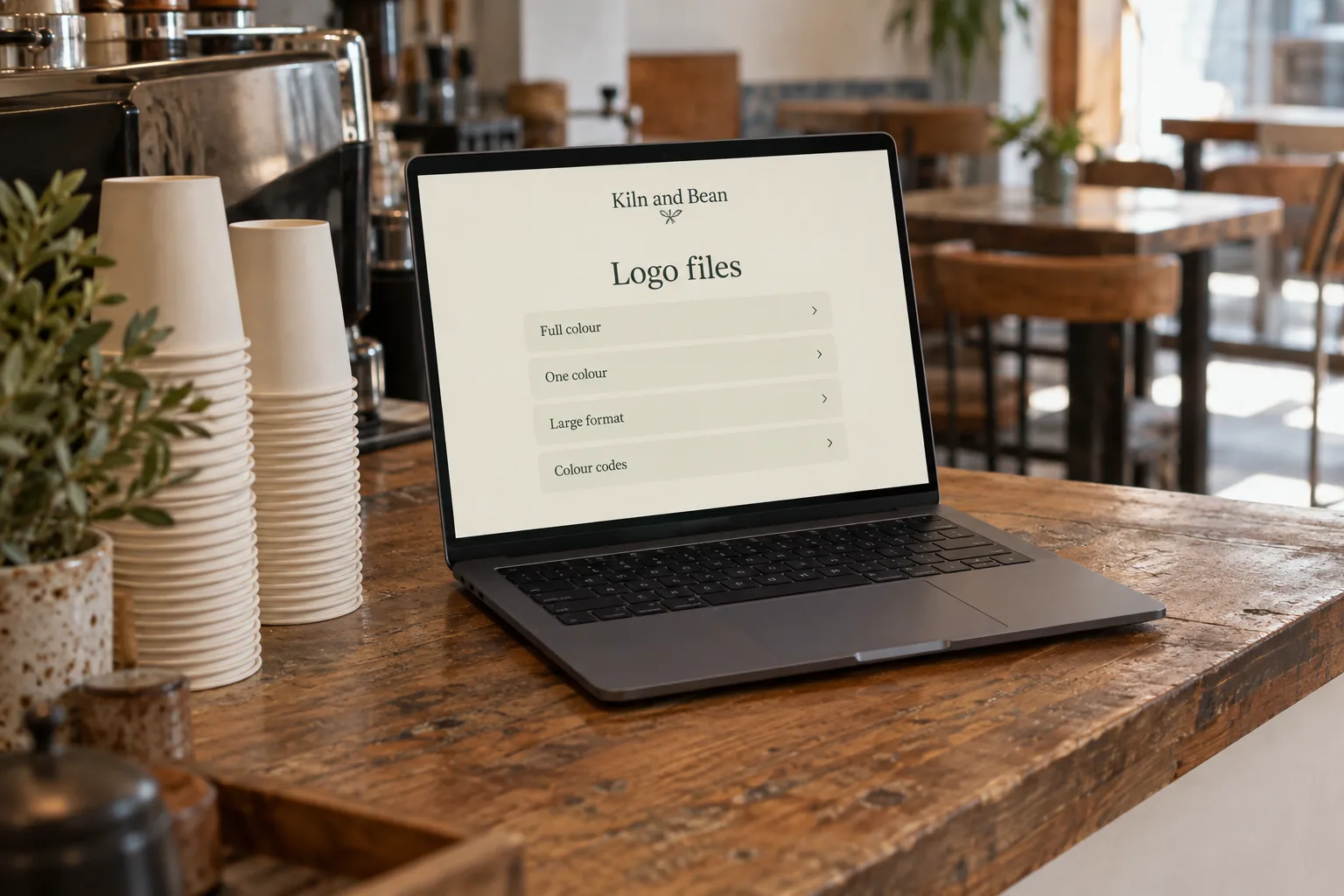 A laptop on a cafe counter showing a Kiln and Bean logo files list concept