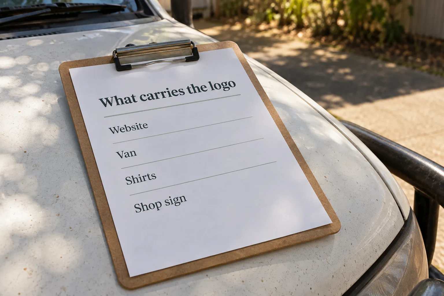 A clipboard on a ute bonnet listing website, van, shirts and shop sign under What carries the logo, a concept document