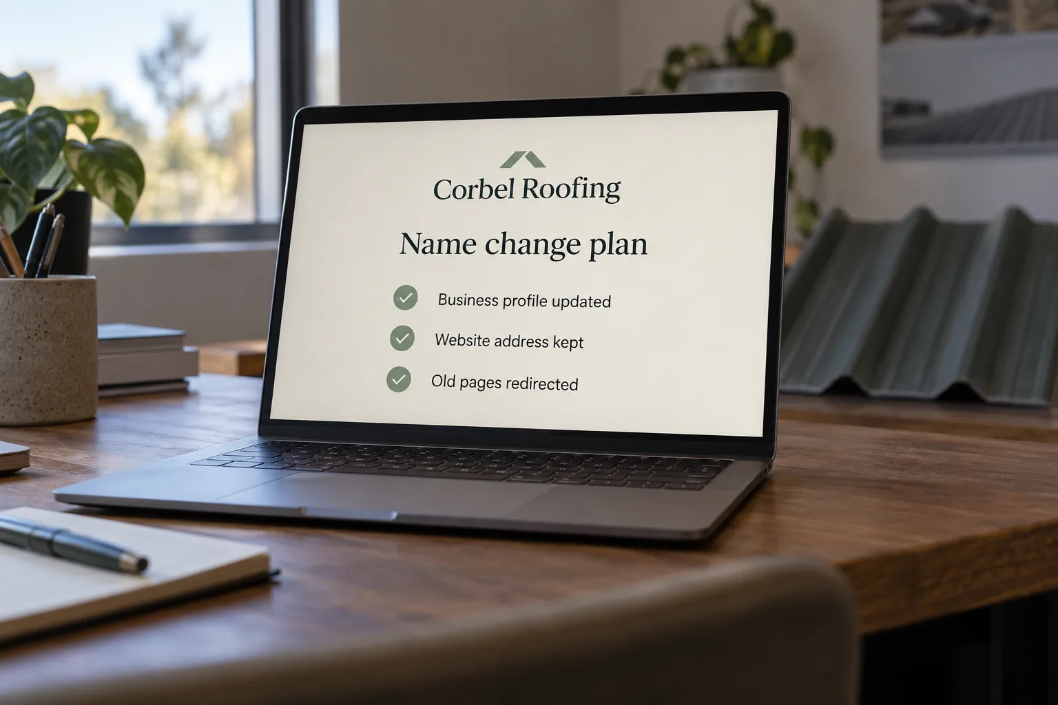 A laptop on a roofing office desk showing a Corbel Roofing name change plan concept