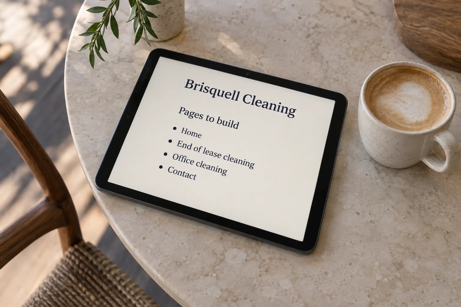 A tablet on a cafe table showing a Brisquell Cleaning list of pages to build concept