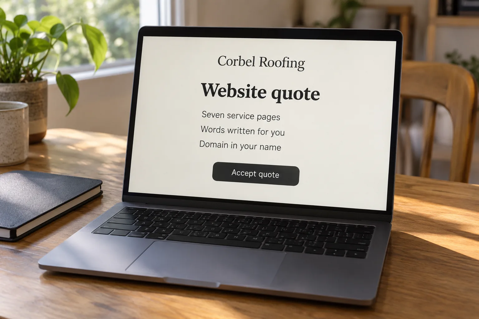 A laptop on a timber desk showing a Corbel Roofing website quote concept