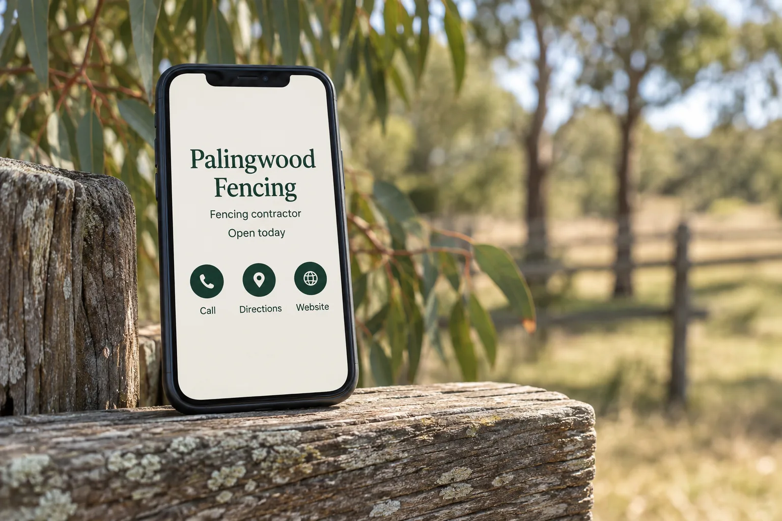 A phone on a timber fence rail showing a Palingwood Fencing business profile concept