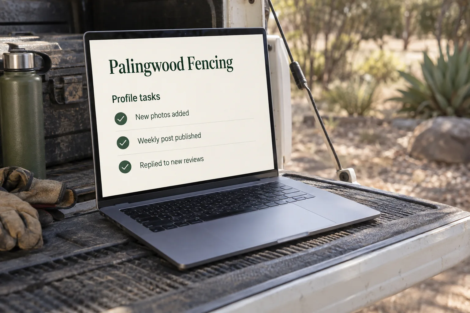 A laptop on a ute tailgate showing a Palingwood Fencing profile tasks checklist concept
