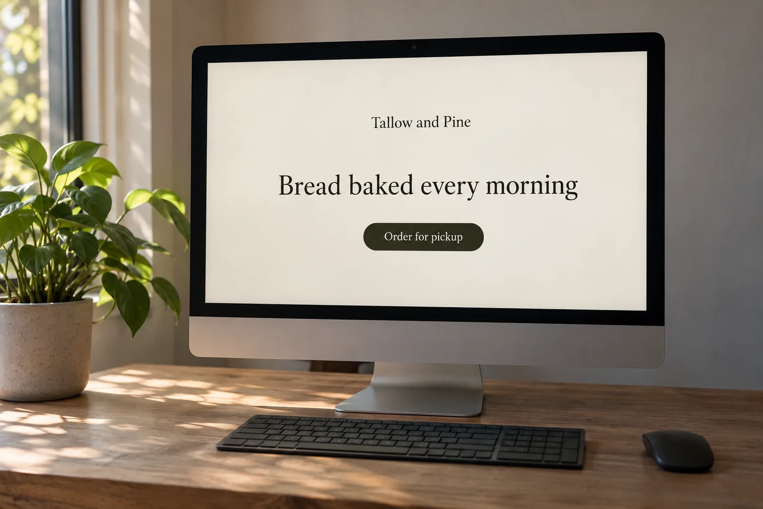 A desktop monitor in a home studio showing a Tallow and Pine bakery homepage design concept
