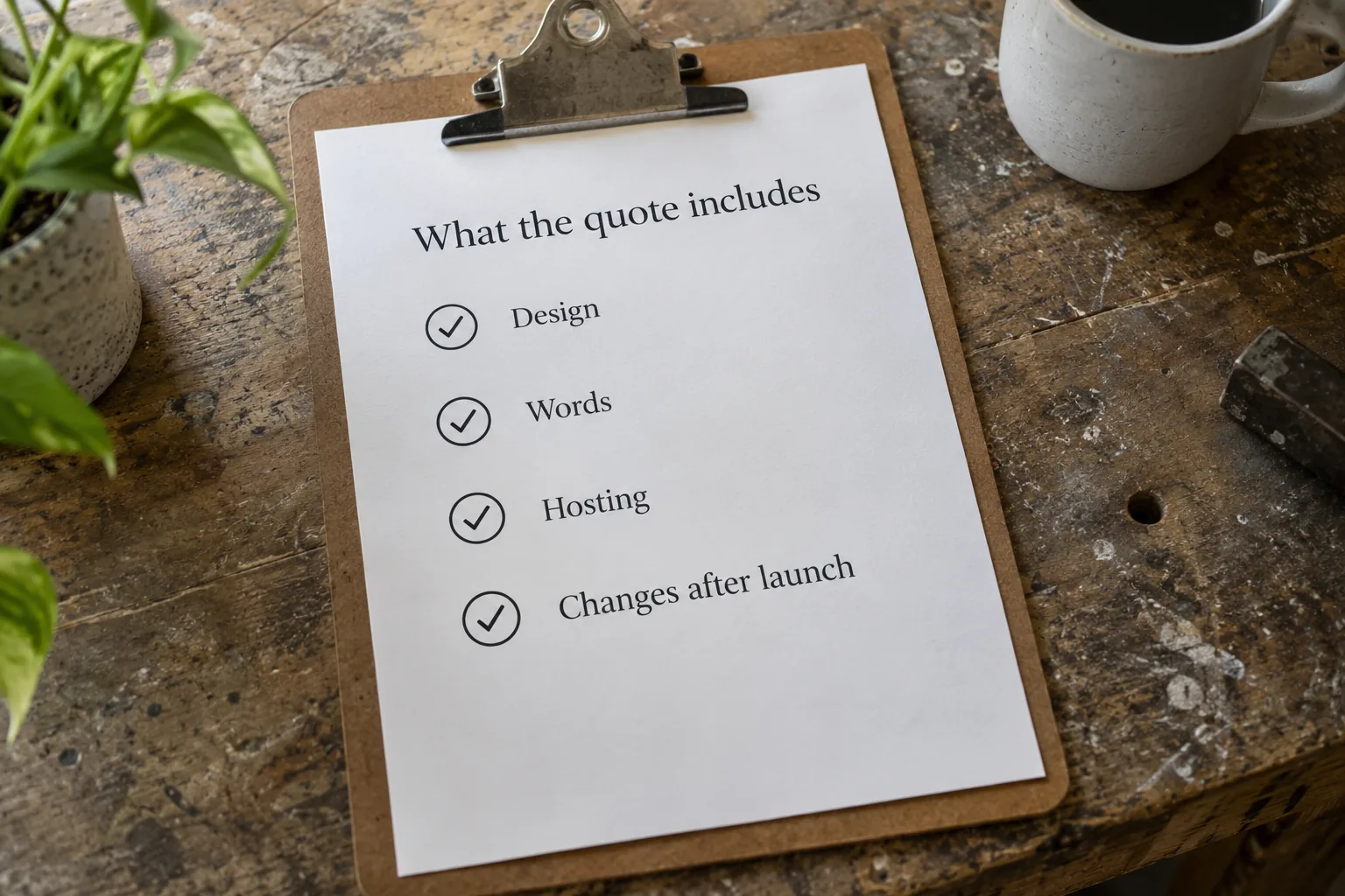 A printed page on a clipboard headed What the quote includes, listing design, words, hosting and changes after launch, a concept document