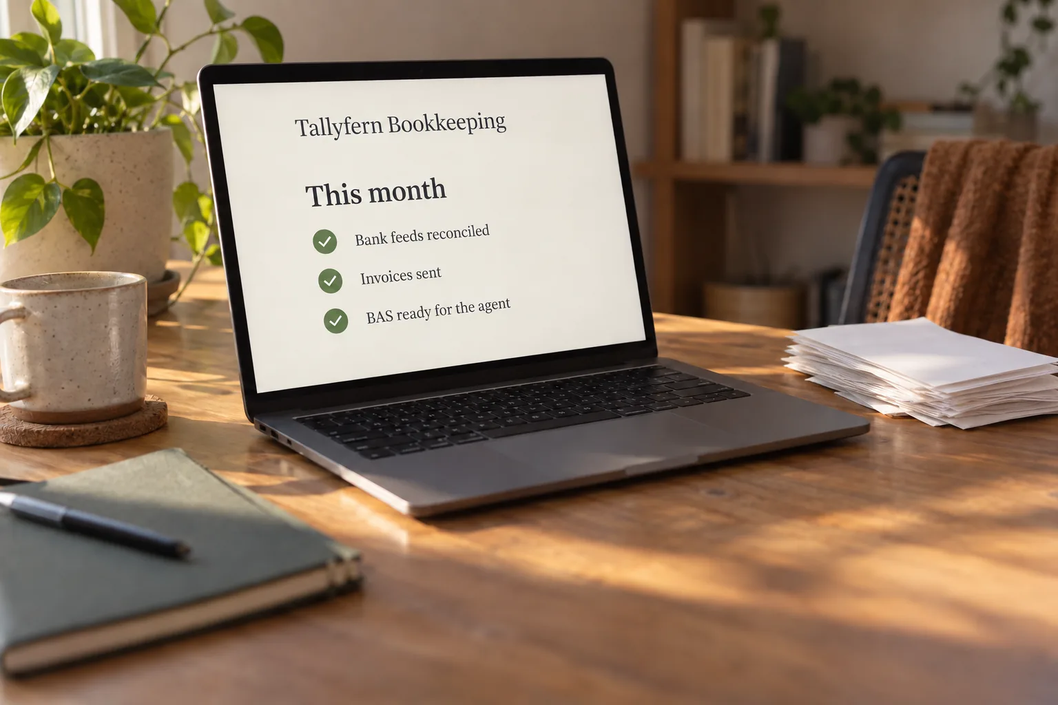 A laptop on a home office desk showing a Tallyfern Bookkeeping monthly checklist concept