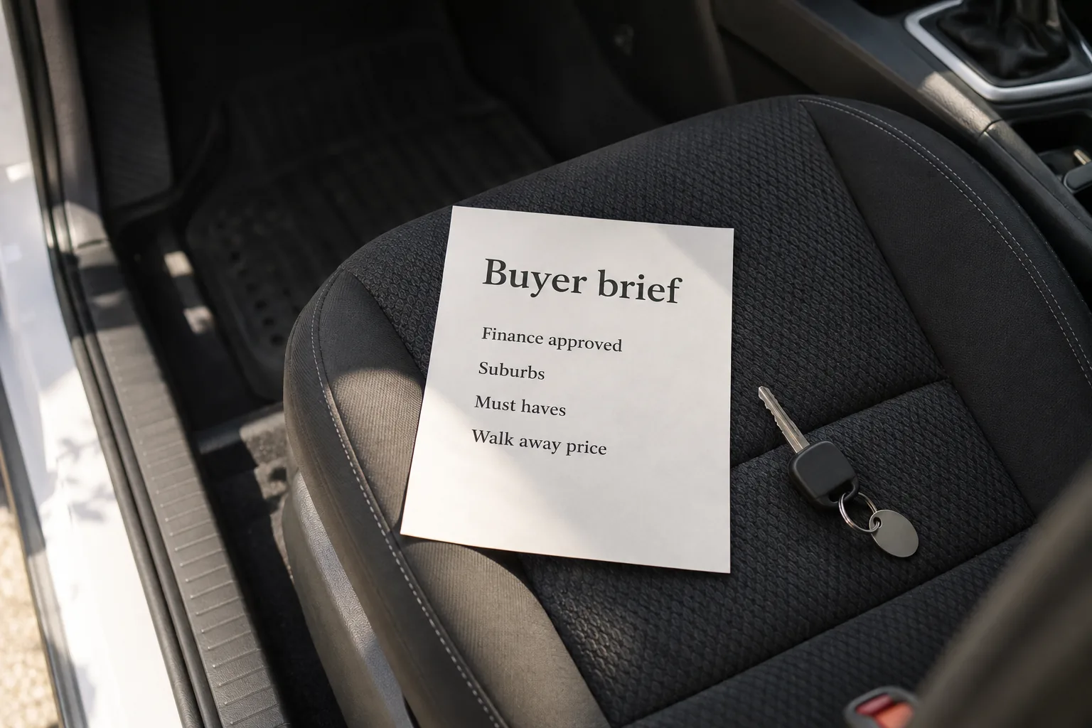 A printed buyer brief on a car seat listing finance, suburbs, must haves and walk away price, a concept document