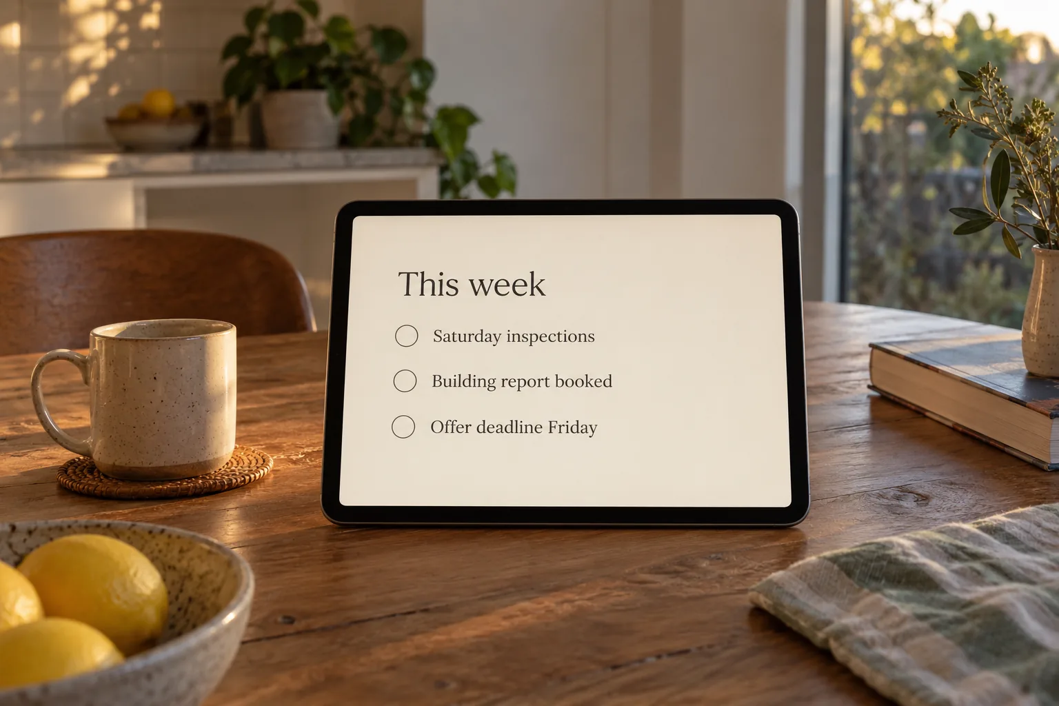 A tablet on a kitchen table showing a buyers agent weekly inspection list, a concept design
