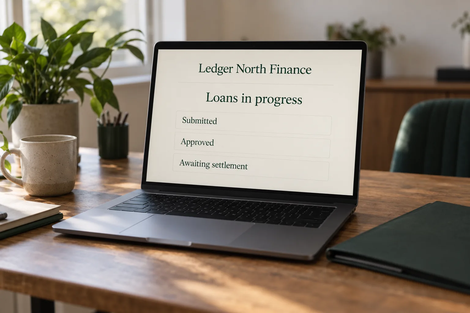 A laptop on a broker’s desk showing a Ledger North Finance loans in progress list concept