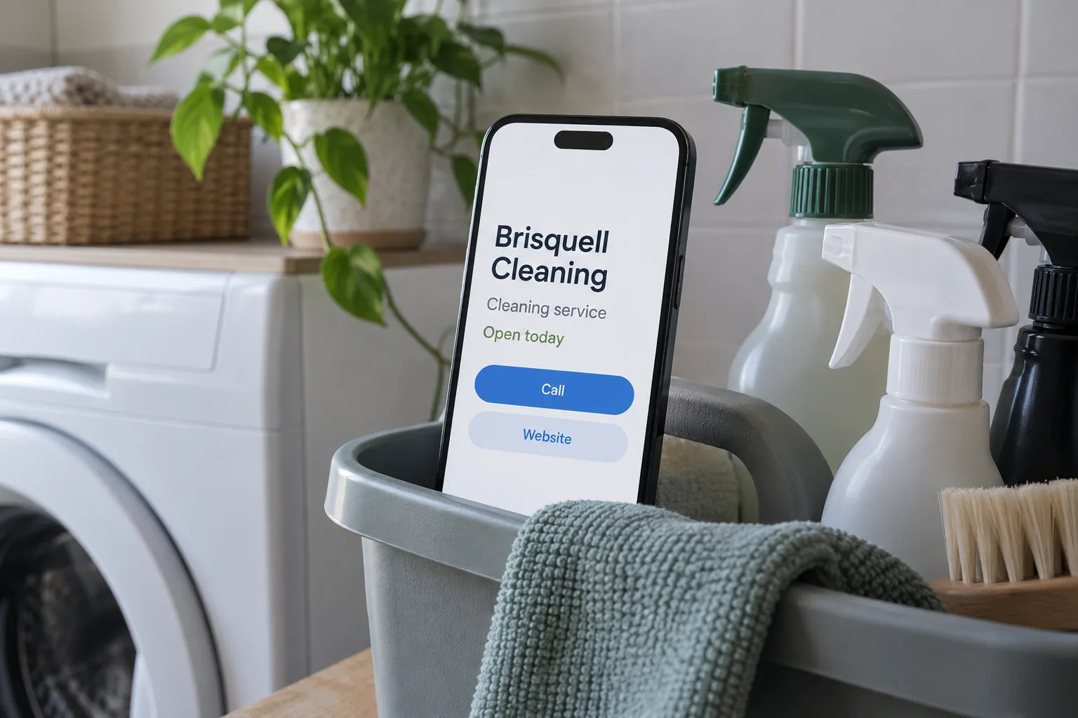 A phone on a cleaning caddy showing a Brisquell Cleaning business profile concept