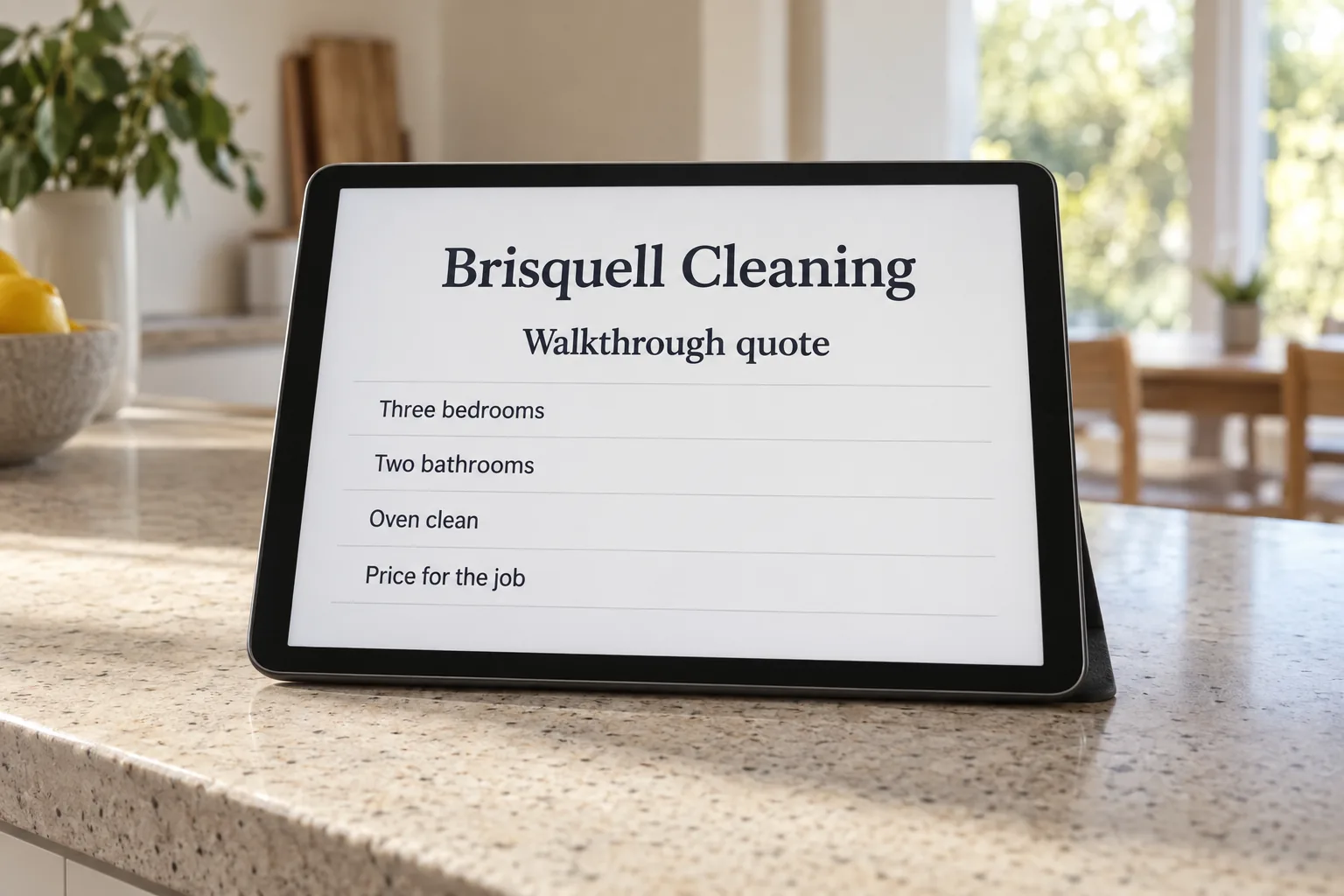 A tablet on a kitchen bench showing a Brisquell Cleaning walkthrough quote concept