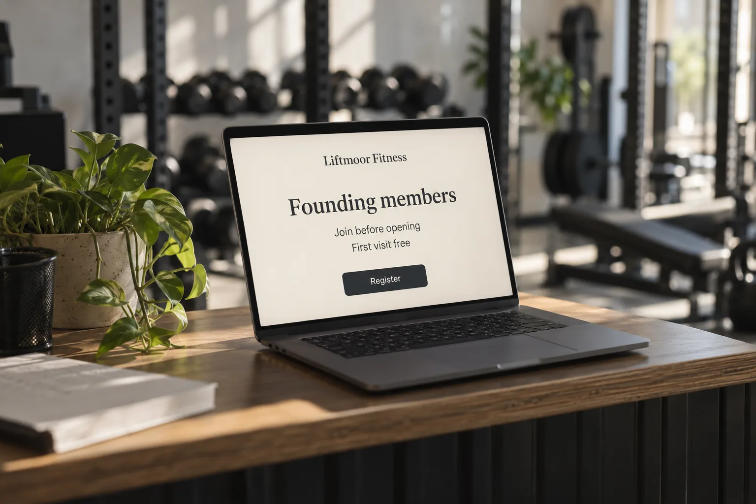 A laptop on a gym front desk showing a Liftmoor Fitness founding members offer concept