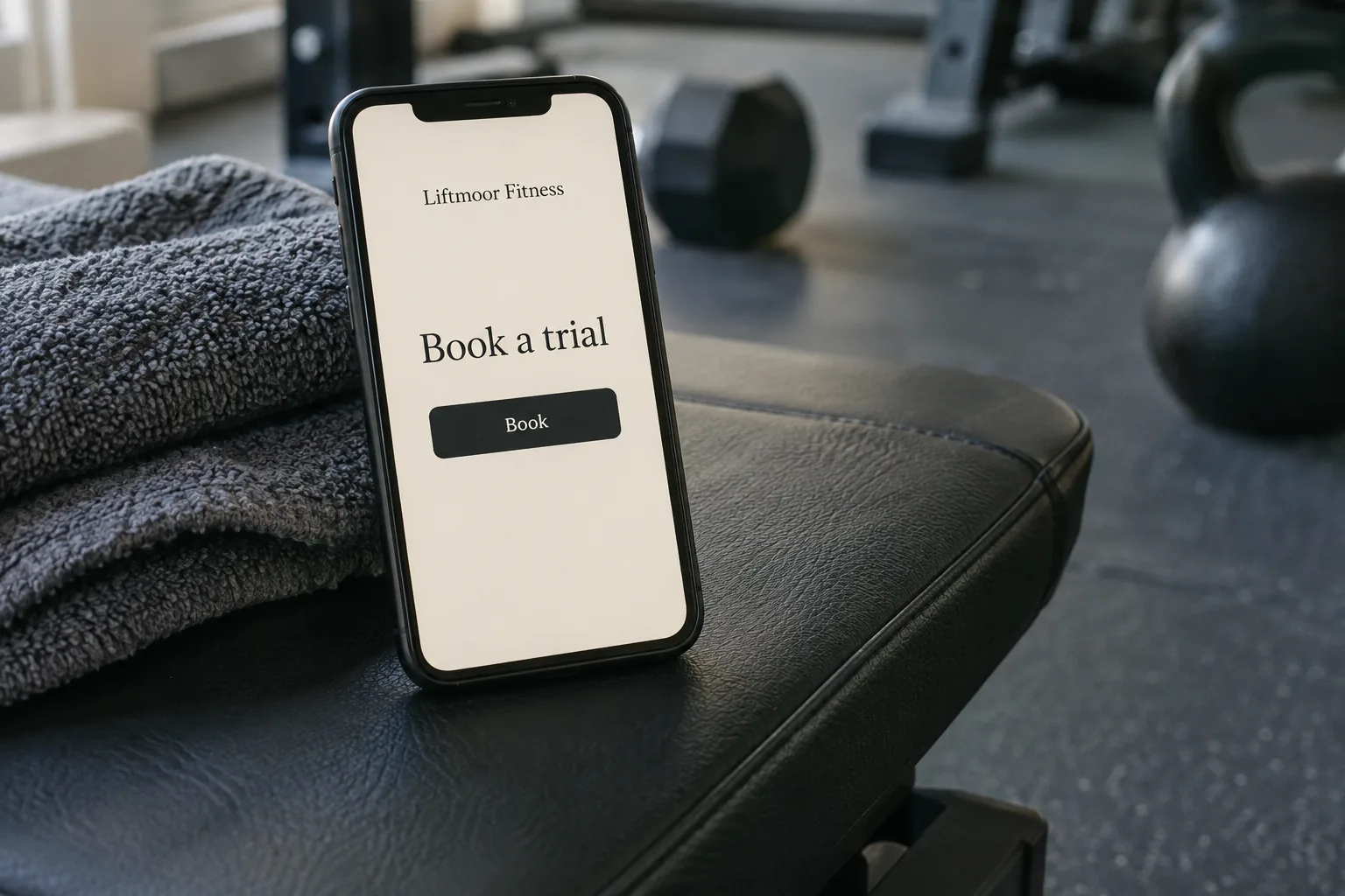 A phone on a gym bench showing a Liftmoor Fitness book a trial screen concept