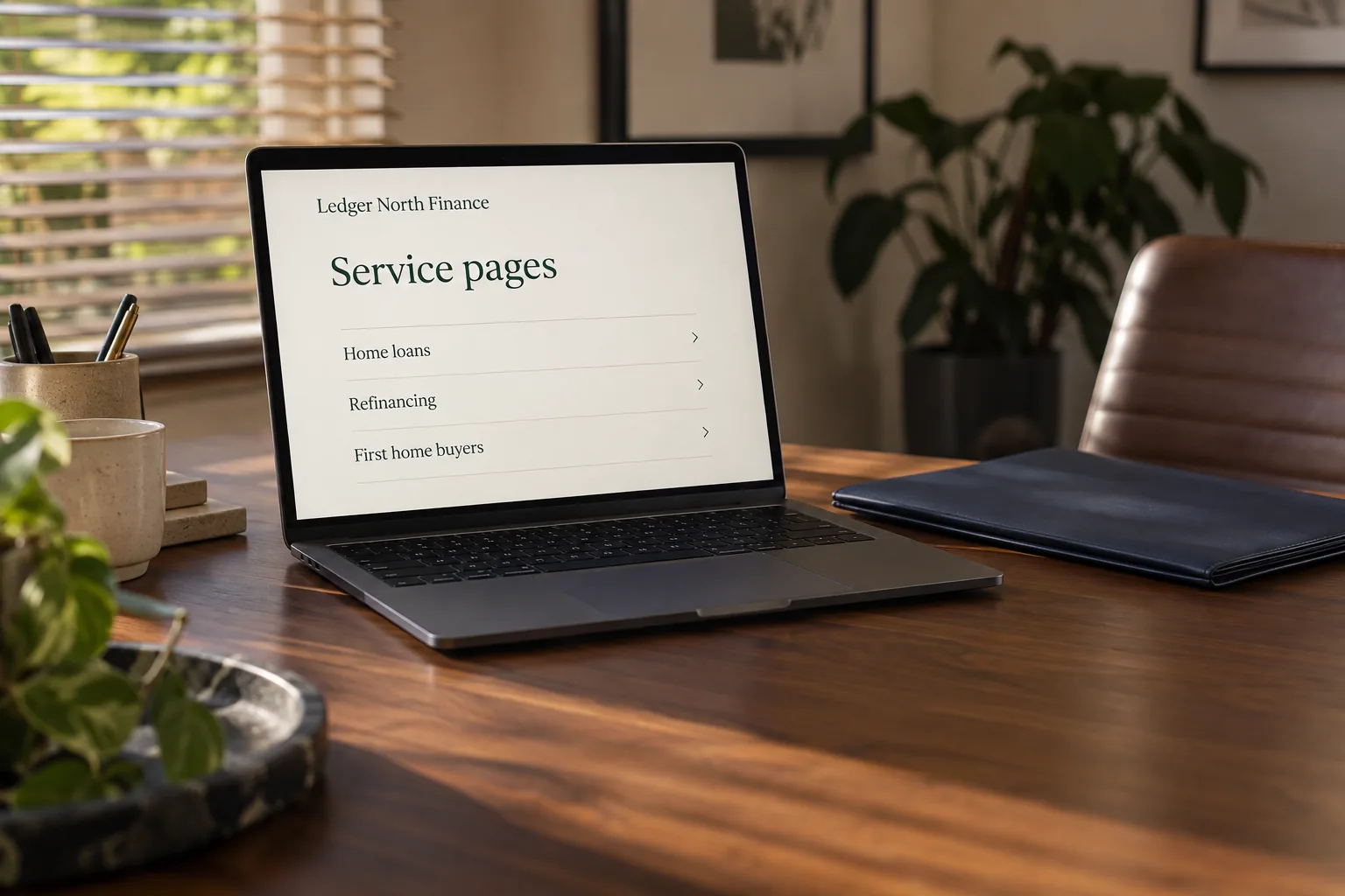 A laptop on a broker’s desk showing a Ledger North Finance list of service pages concept