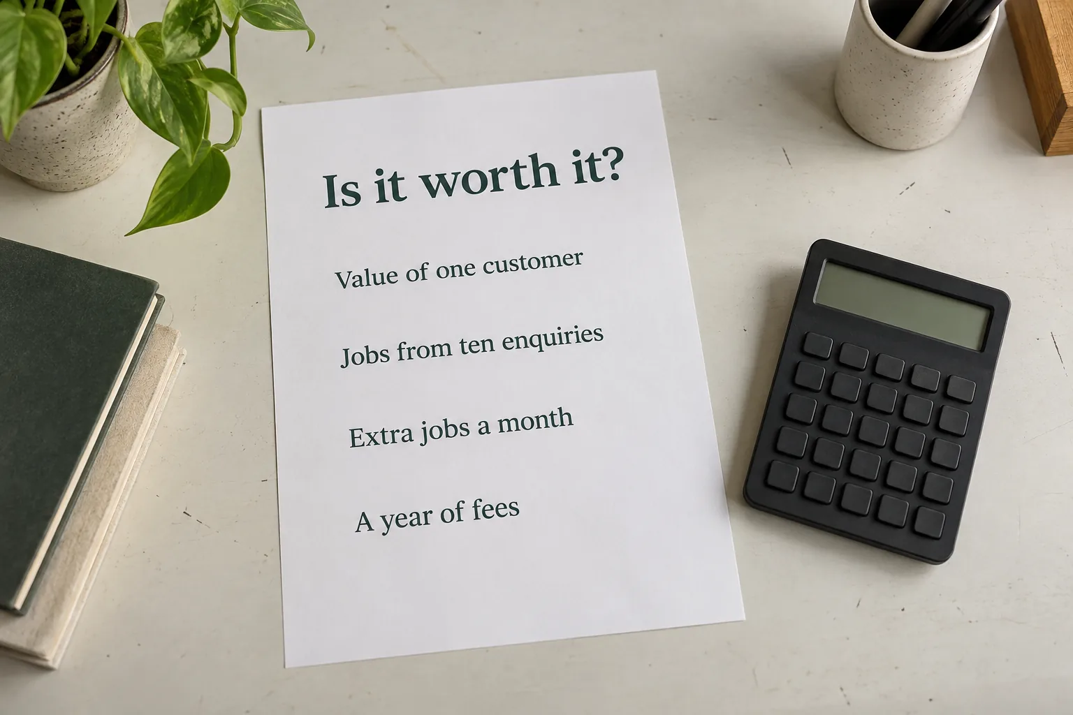 A printed sheet on a desk listing the four numbers that decide whether SEO is worth it, a concept document