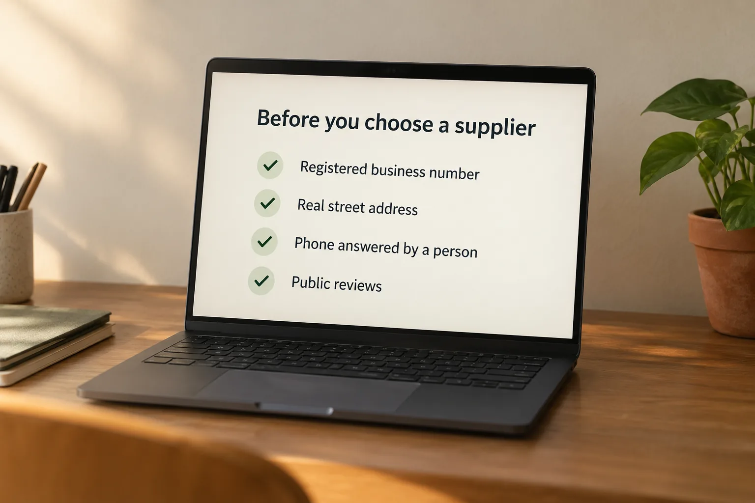 A laptop on a home office desk showing a checklist for choosing a supplier, a concept design