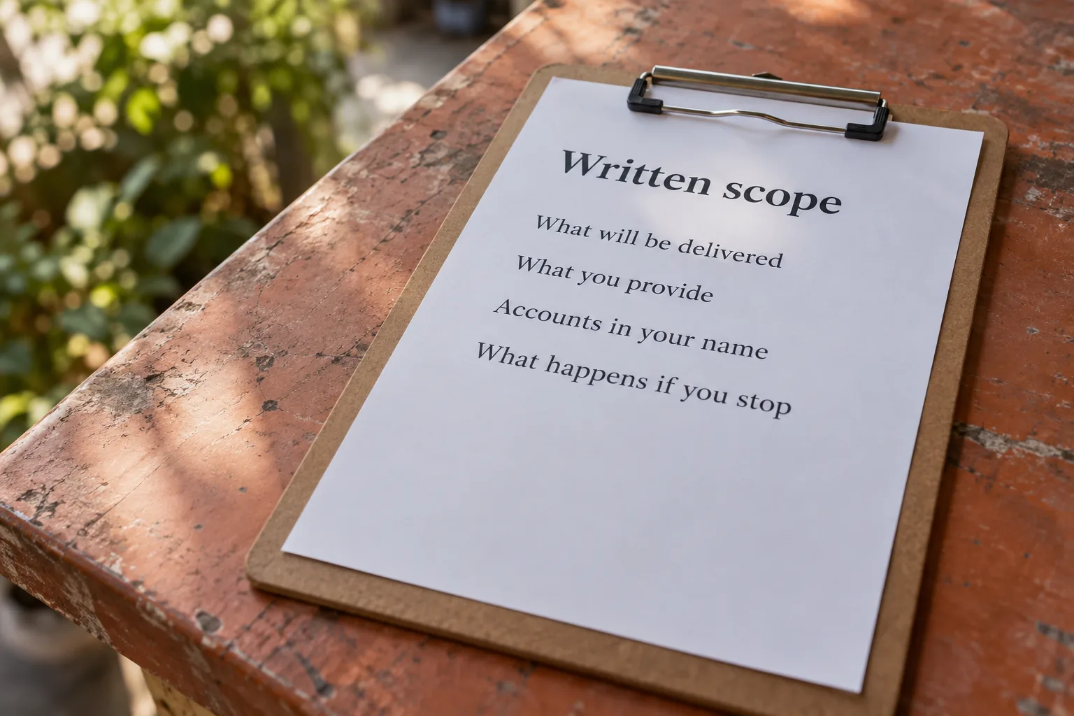 A printed written scope on a clipboard listing what will be delivered and what happens if you stop, a concept document