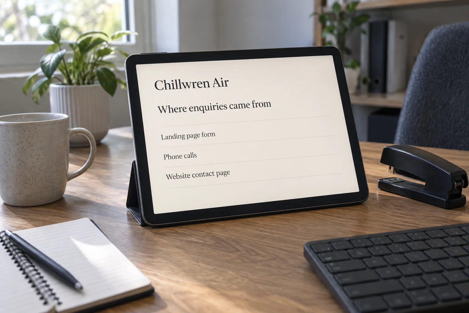 A tablet on an office desk showing a Chillwren Air list of where enquiries came from concept