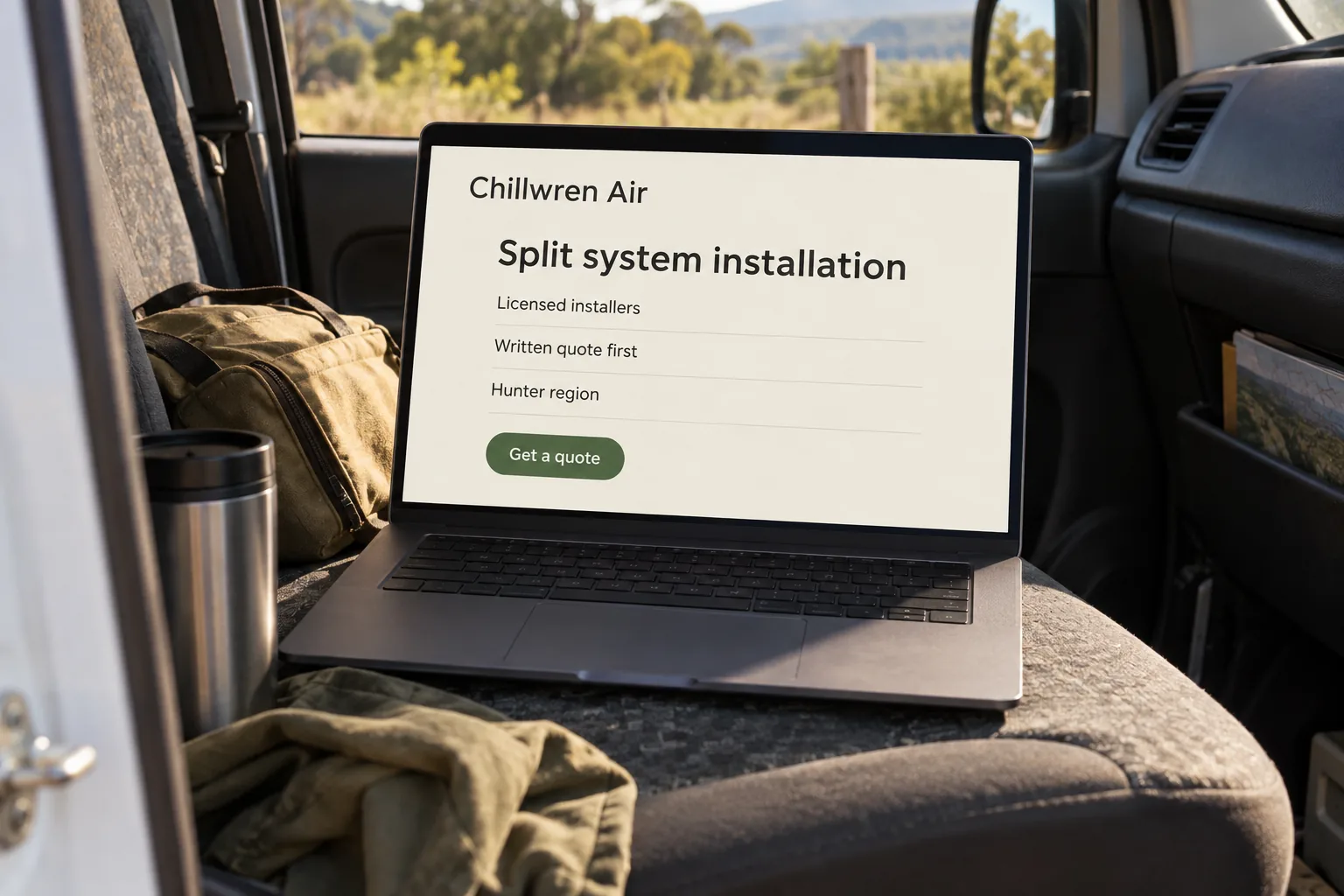 A laptop on a van seat showing a Chillwren Air split system installation landing page concept