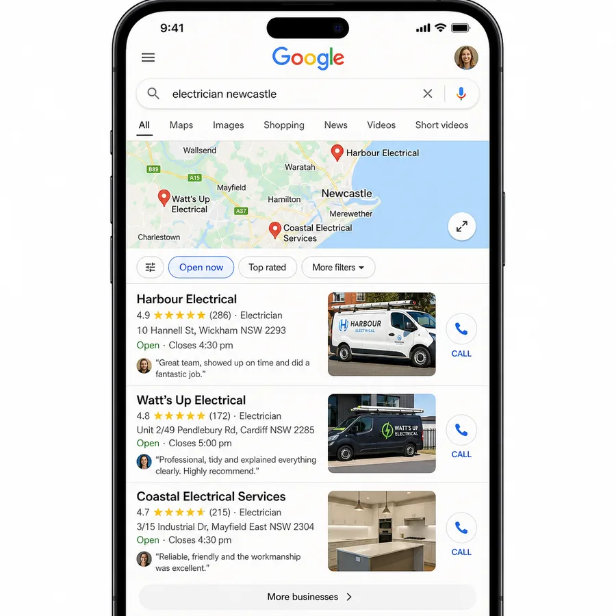 A phone showing a paid advertisement at the top of a search result for a Newcastle service