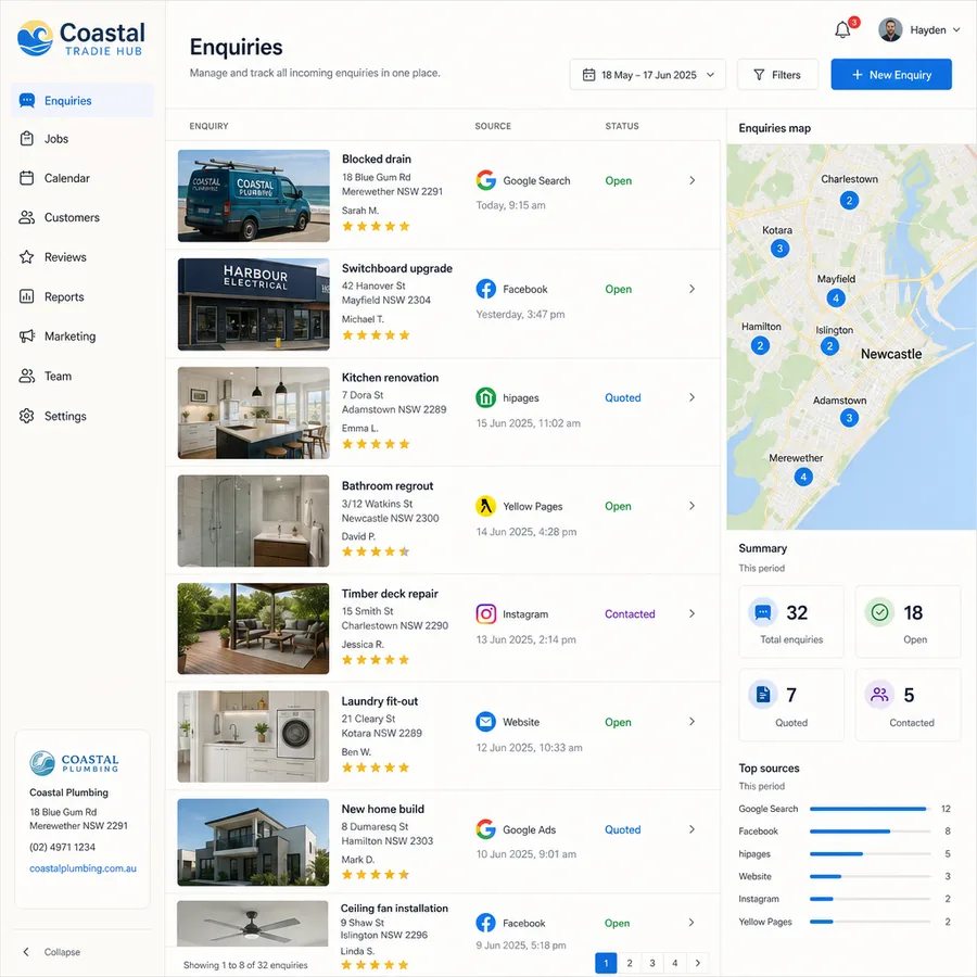 A business console listing enquiries, their source and their status in one view