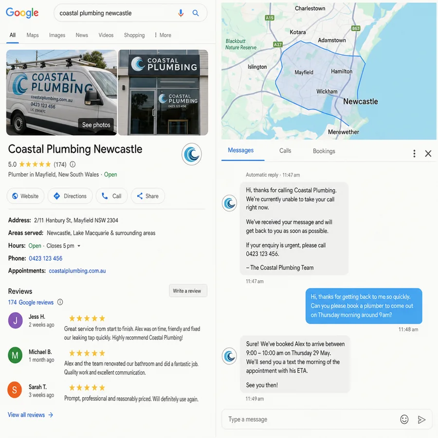 A missed call answered by an automatic text within a minute, with the caller replying to book a time