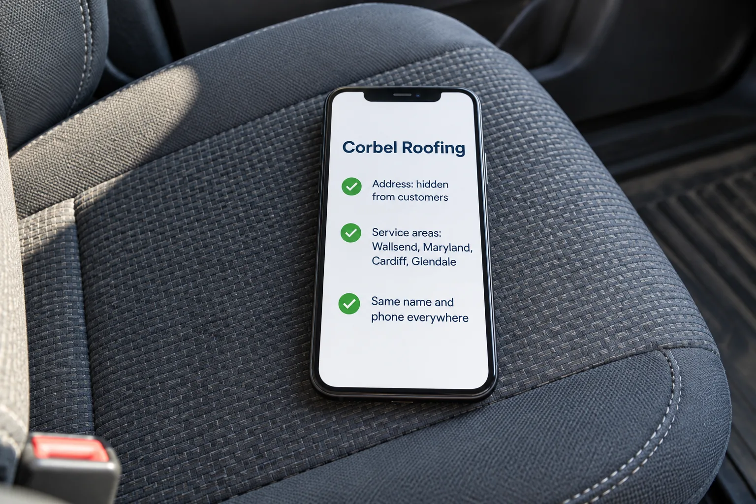 A phone showing a Corbel Roofing service area business profile setup concept