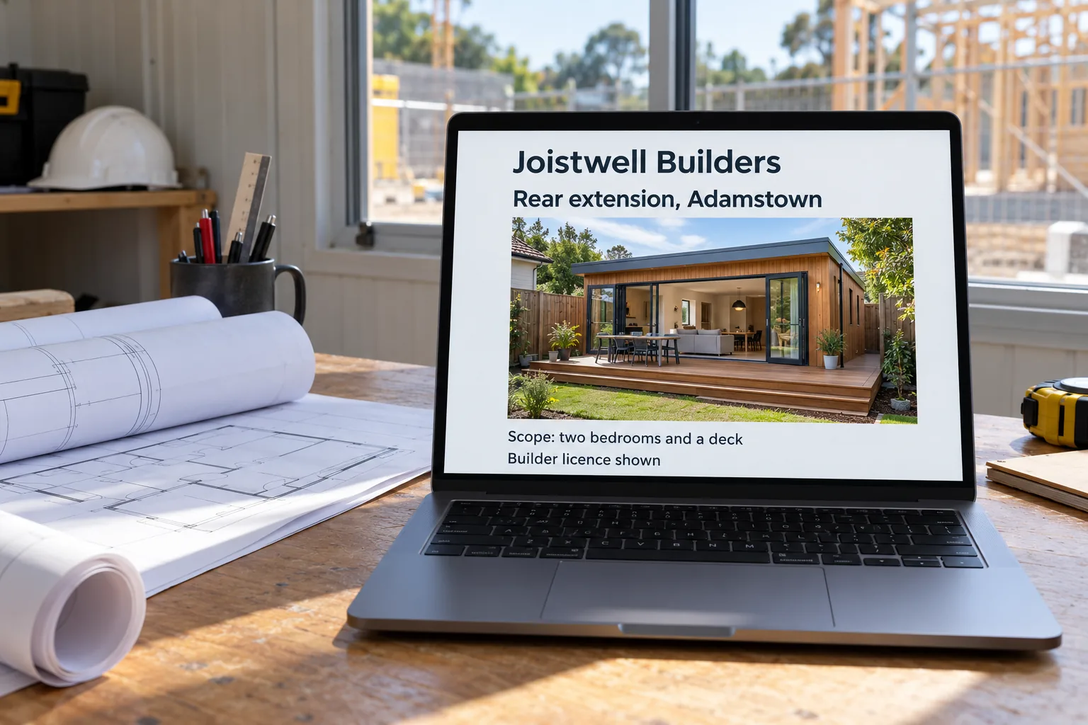 A laptop showing a Joistwell Builders completed project page concept