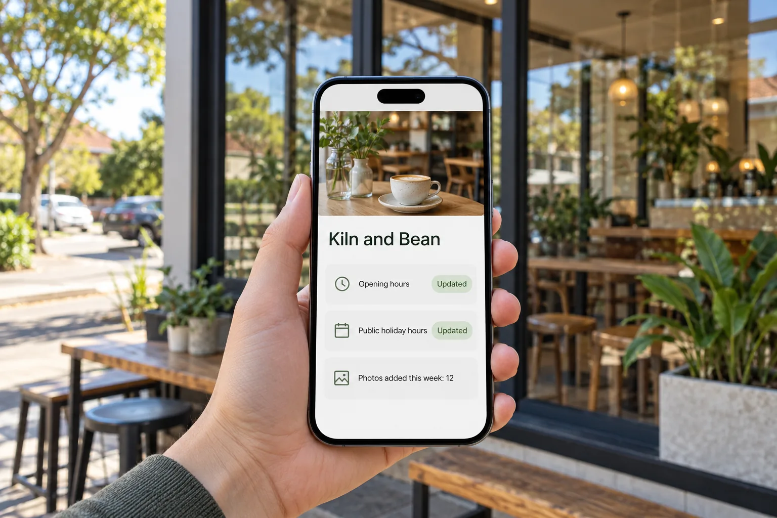 A phone outside a cafe showing a Kiln and Bean business profile hours and photos update concept