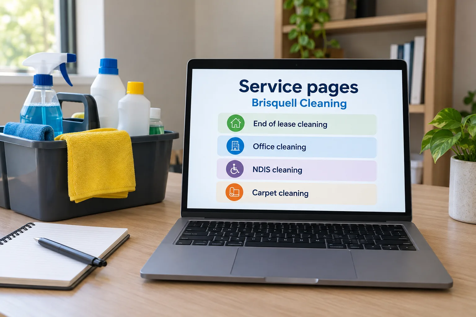 A laptop showing a Brisquell Cleaning service pages list concept