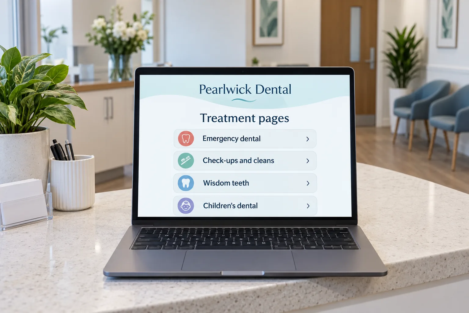 A laptop showing Pearlwick Dental treatment pages list concept