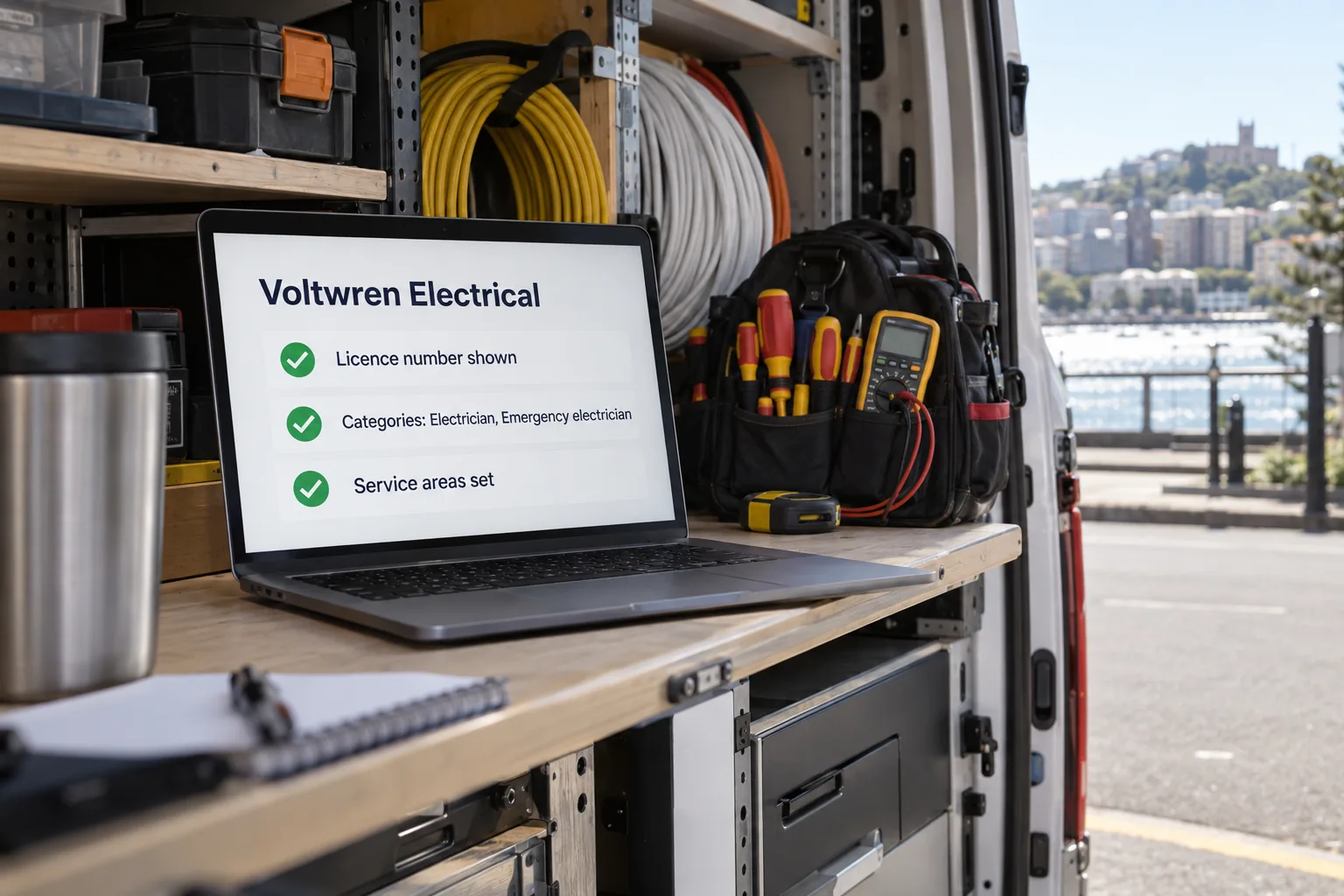 A laptop showing a Voltwren Electrical business profile checklist concept