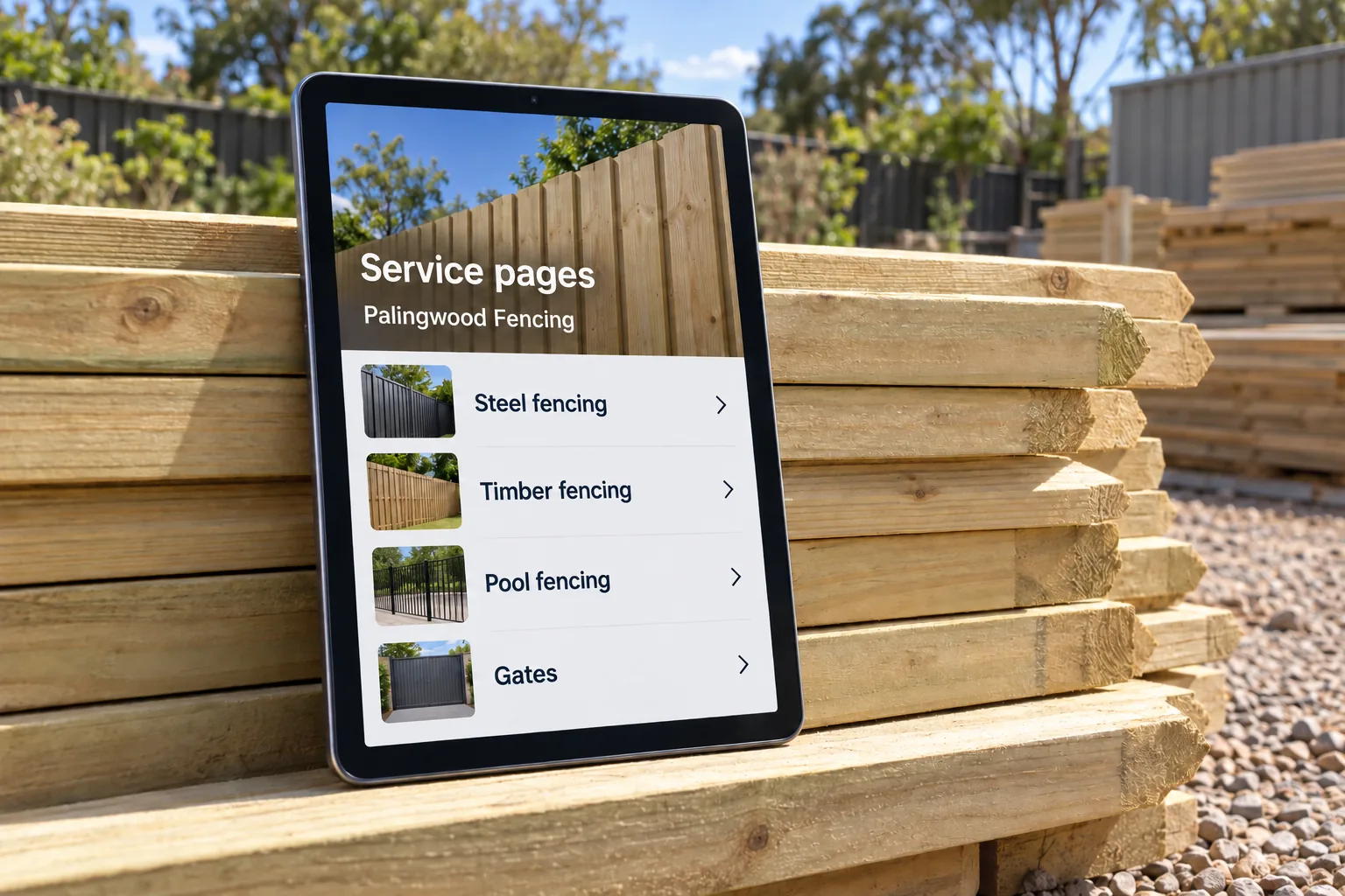A tablet showing a Palingwood Fencing service pages list concept