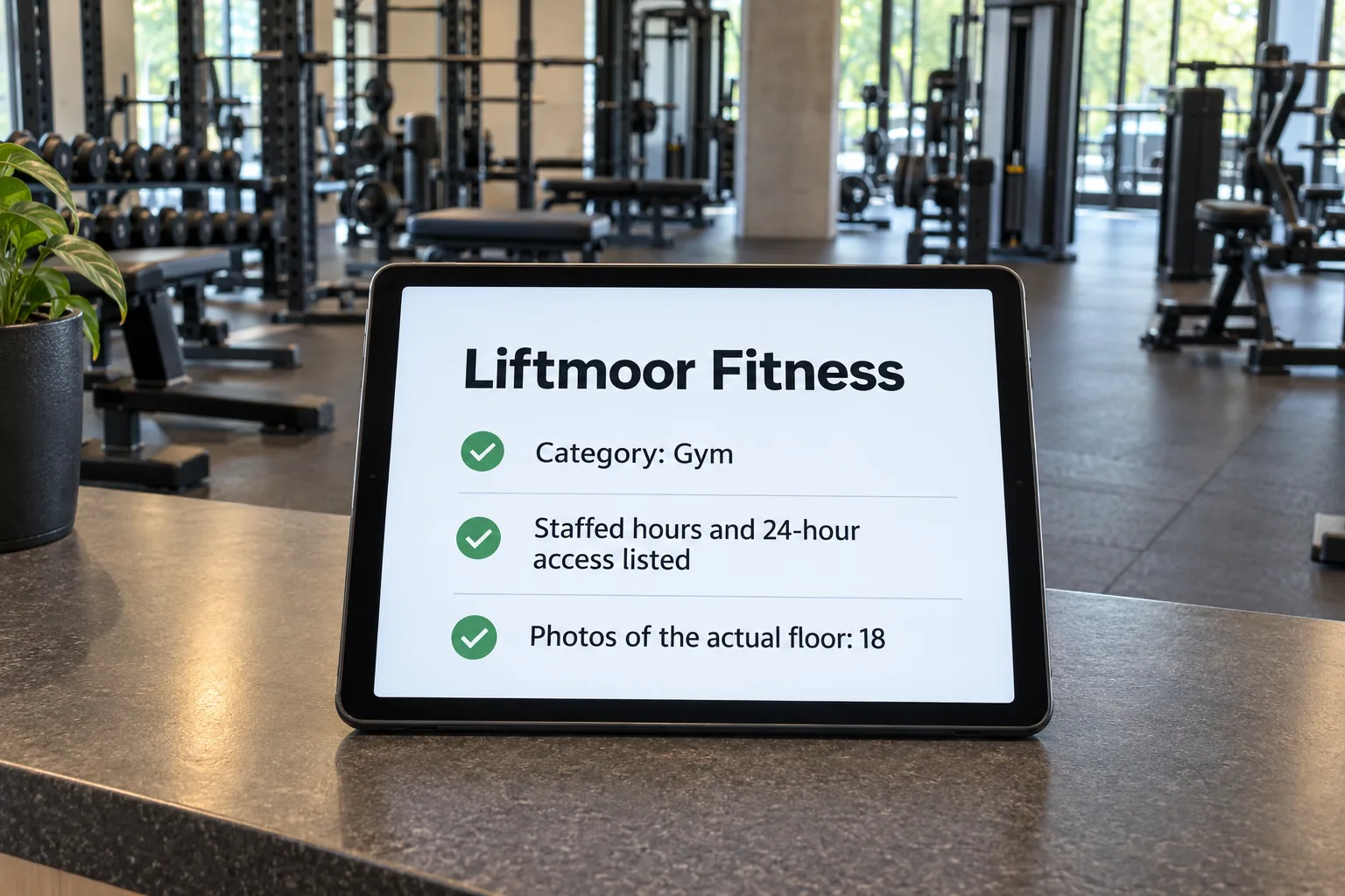 A tablet showing a Liftmoor Fitness business profile with category, hours and photos concept
