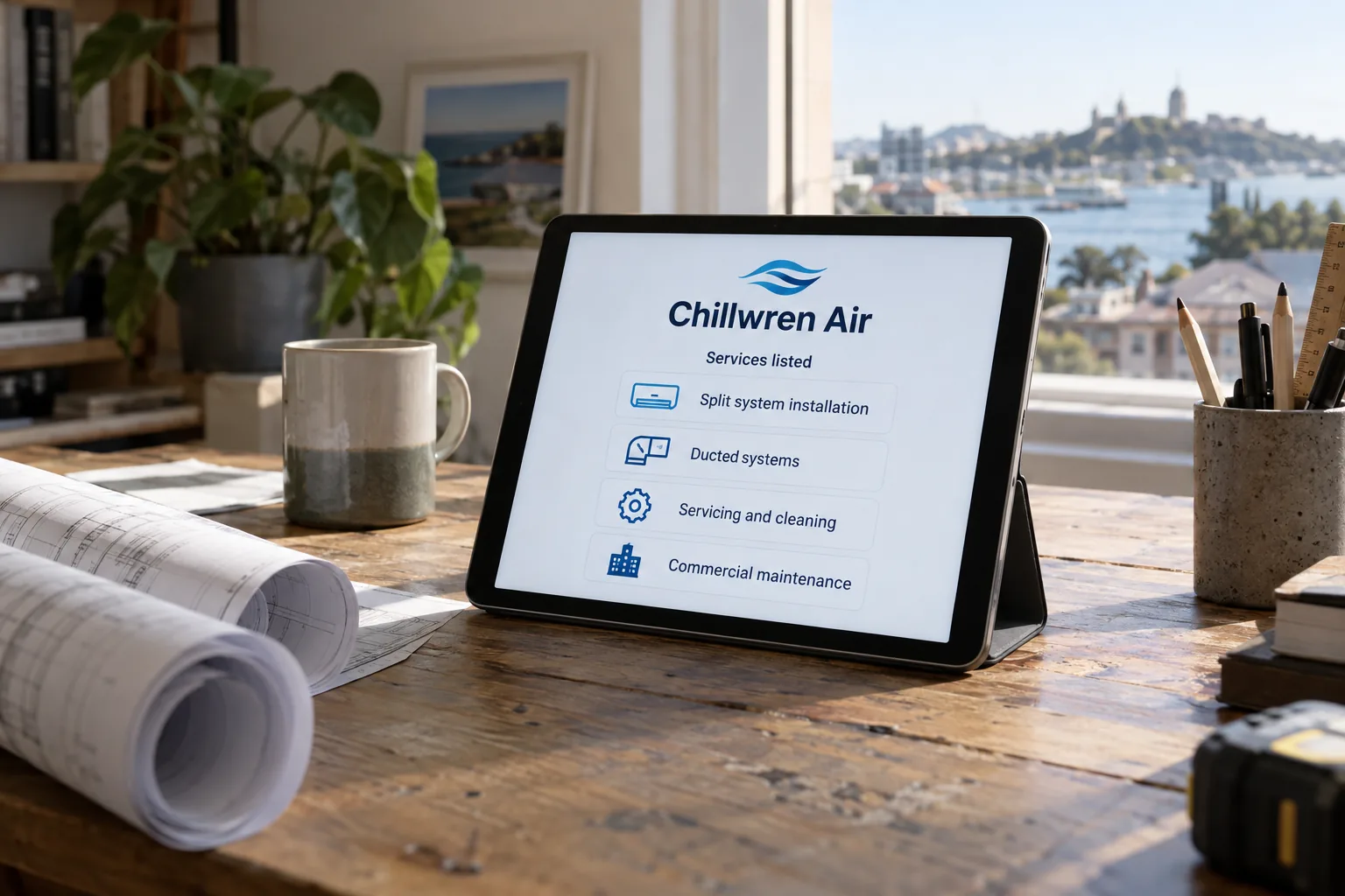 A tablet showing a Chillwren Air services listed screen concept
