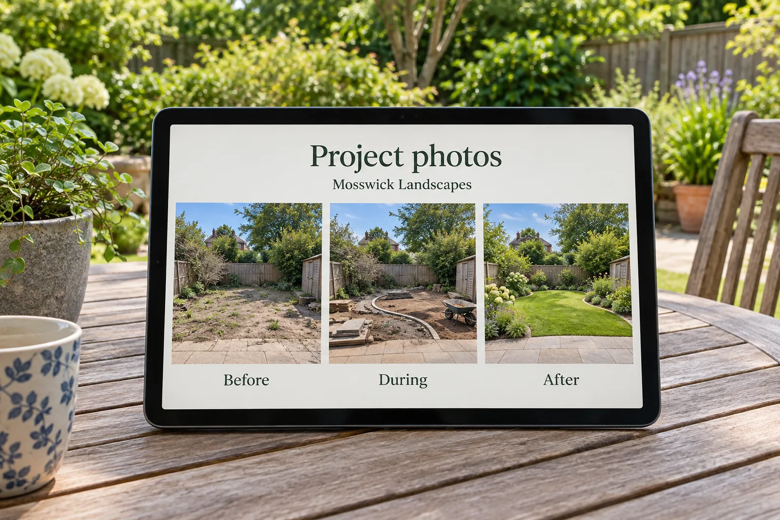 A tablet showing Mosswick Landscapes before, during and after project photos concept