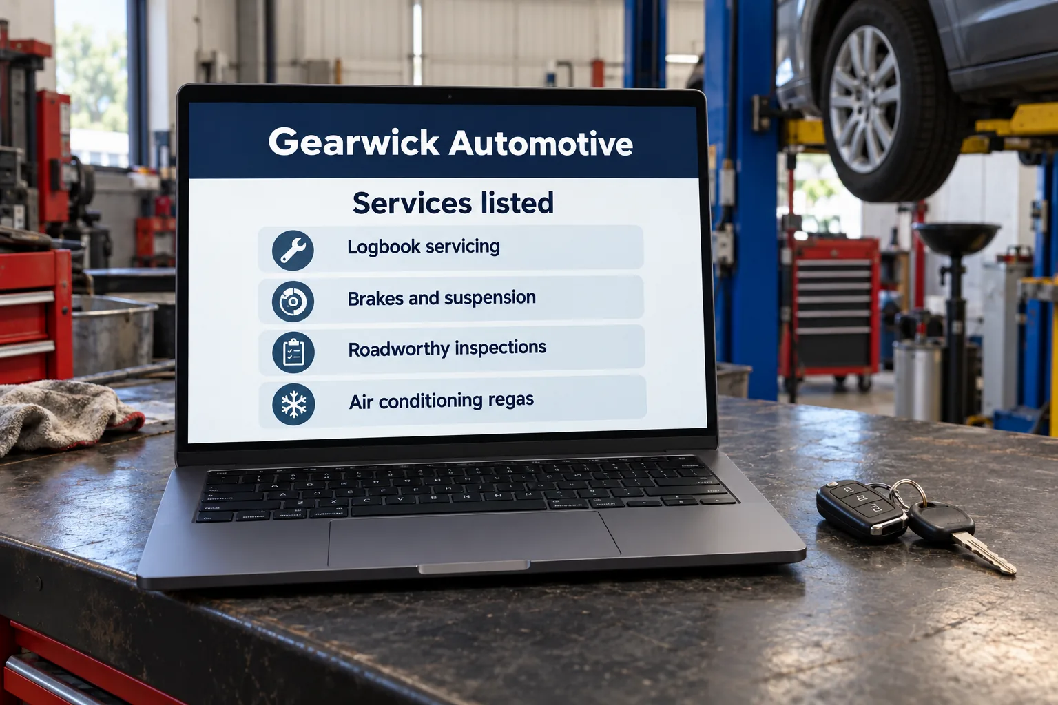 A laptop showing Gearwick Automotive services listed concept