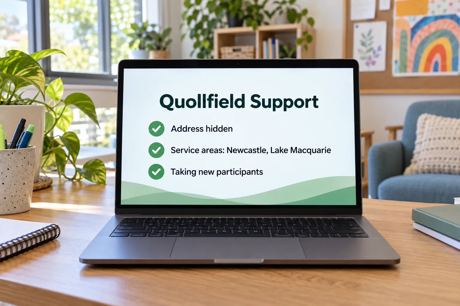 A laptop showing a Quollfield Support profile with service areas and capacity concept