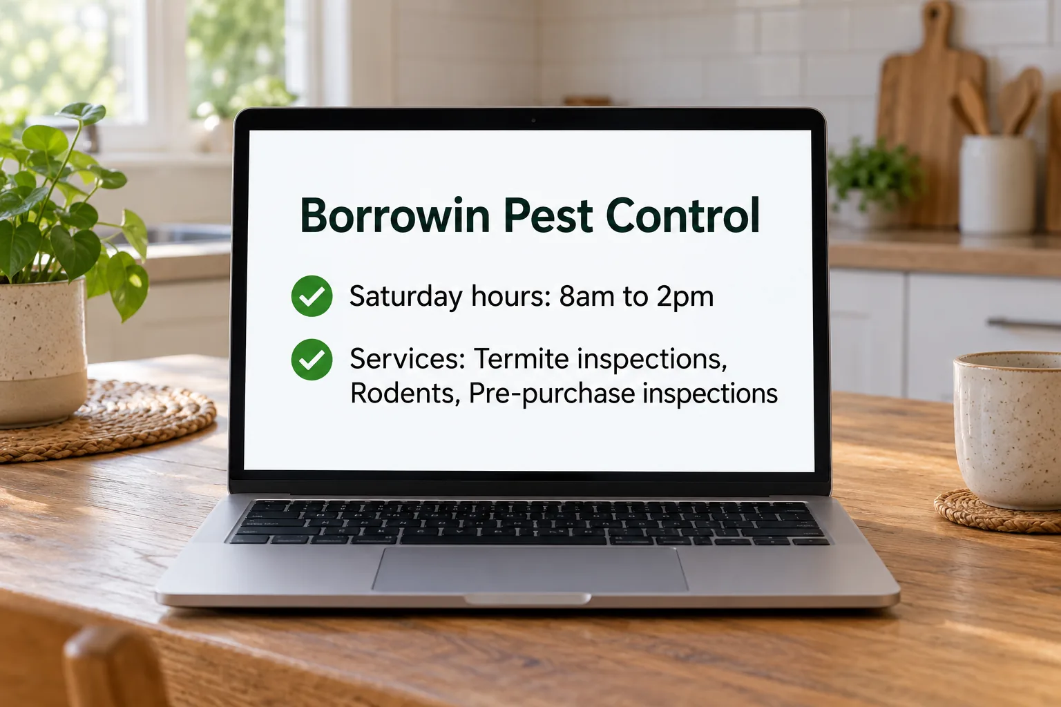 A laptop showing a Borrowin Pest Control business profile hours and services concept