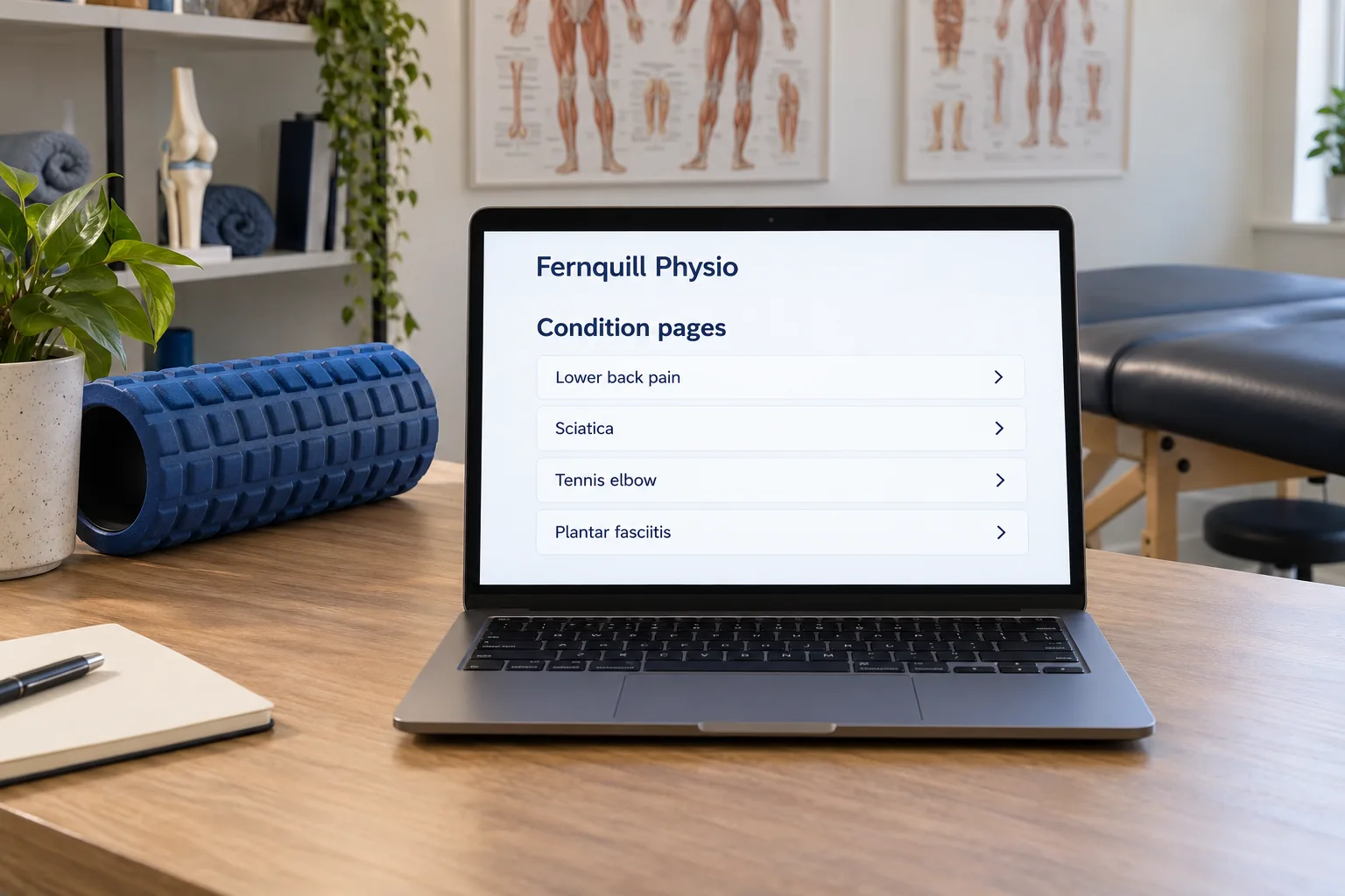 A laptop showing Fernquill Physio condition pages list concept