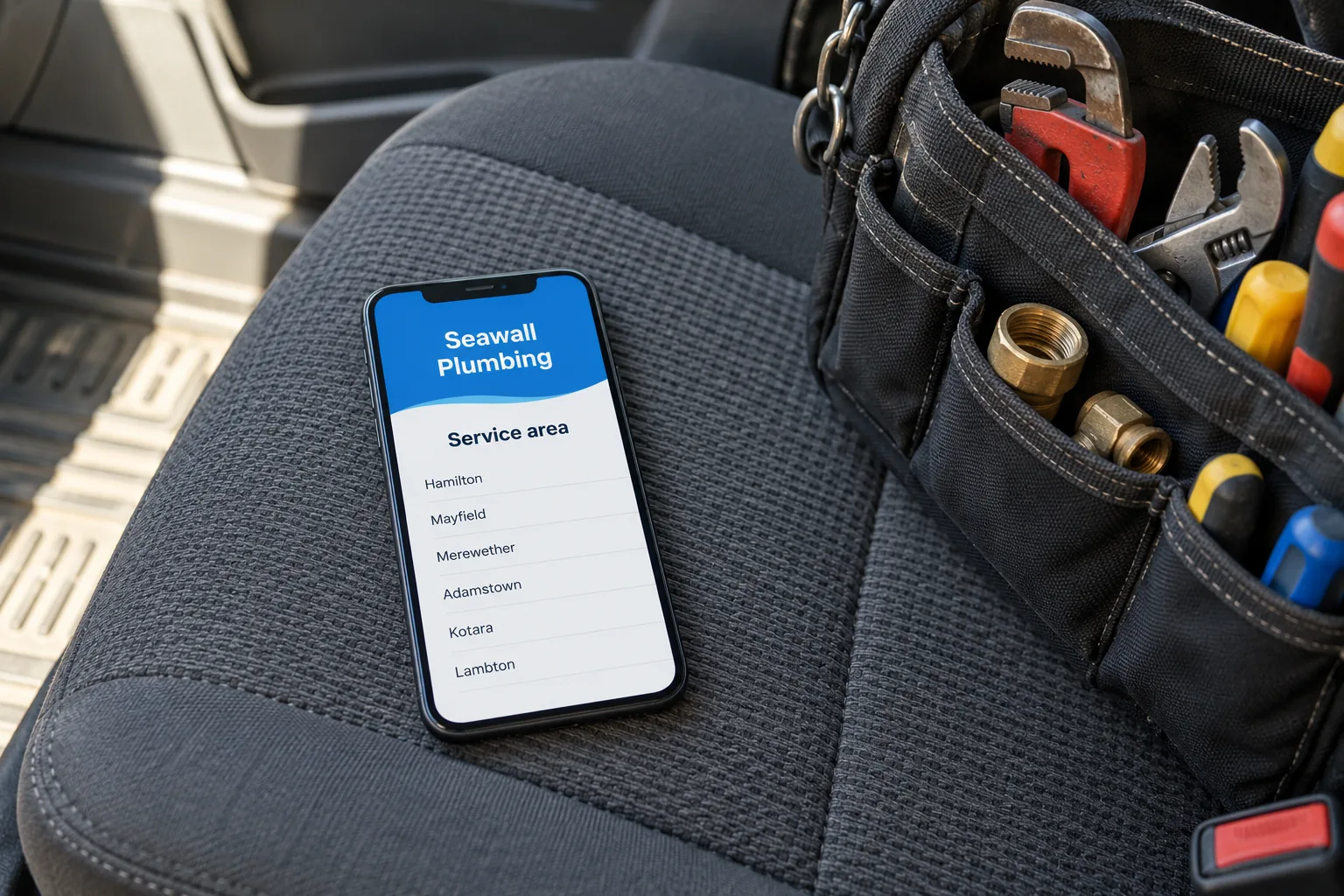 A phone showing a Seawall Plumbing service area suburbs list concept